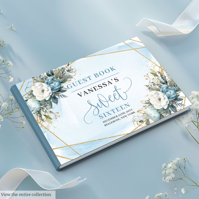 Vackra Dusty Blue White Guld Flowers Sweet 16:e Gästböcker (Beautiful Dusty Blue White Gold Flowers Sweet Sixteen Guest Book)