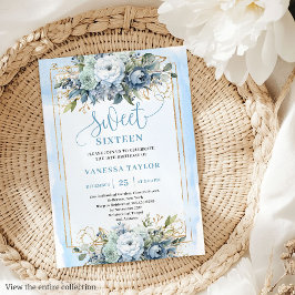 Vackra Dusty Blue White Guld Flowers Sweet 16 Inbjudningar