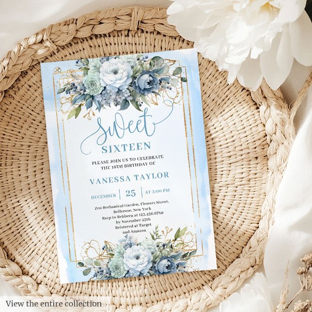 Vackra Dusty Blue White Guld Flowers Sweet 16 Inbjudningar (Beautiful Dusty Blue White Gold Flowers Sweet 16 Invitation)