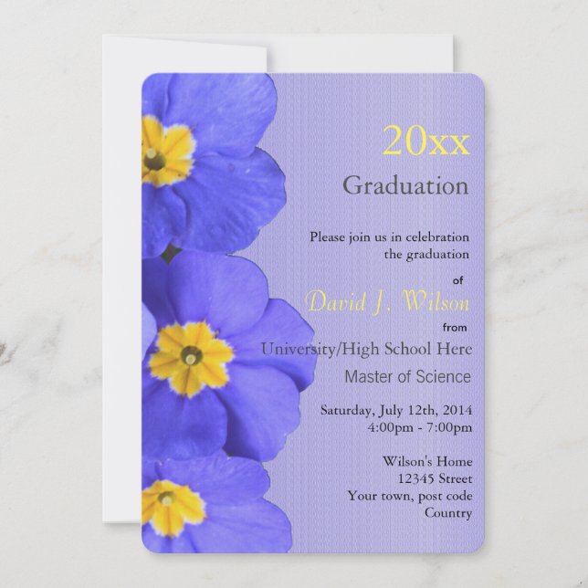 Vackra, eleganta blå trädgårdsblommor examen inbjudningar (Framsida)