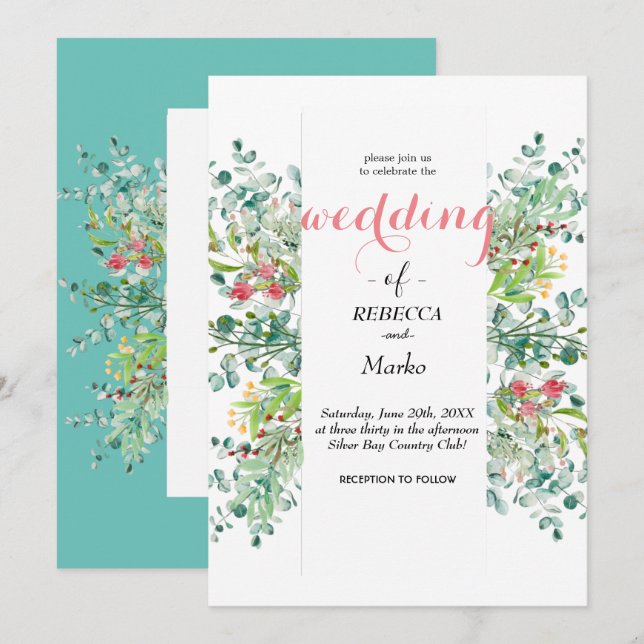 Vackra eleganta eucalyptusblad inbjudan (Fram/baksida)