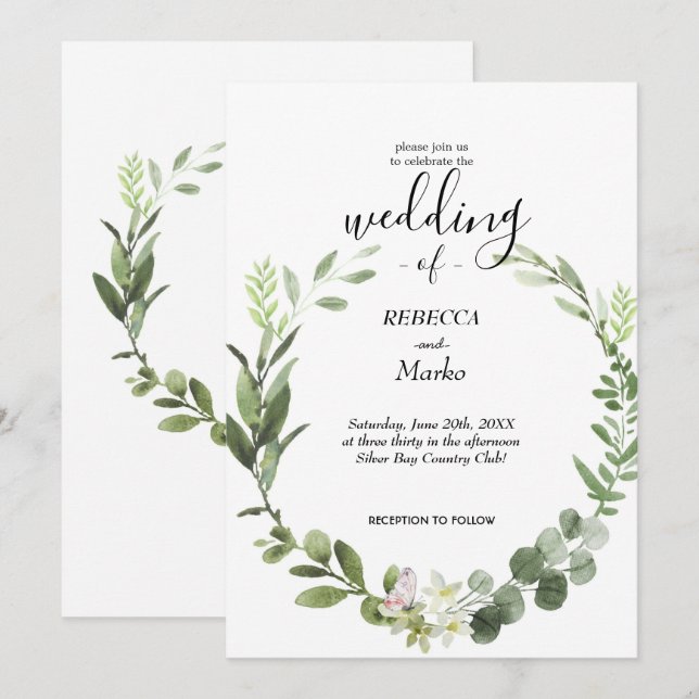 Vackra eleganta eucalyptusblad inbjudan (Fram/baksida)