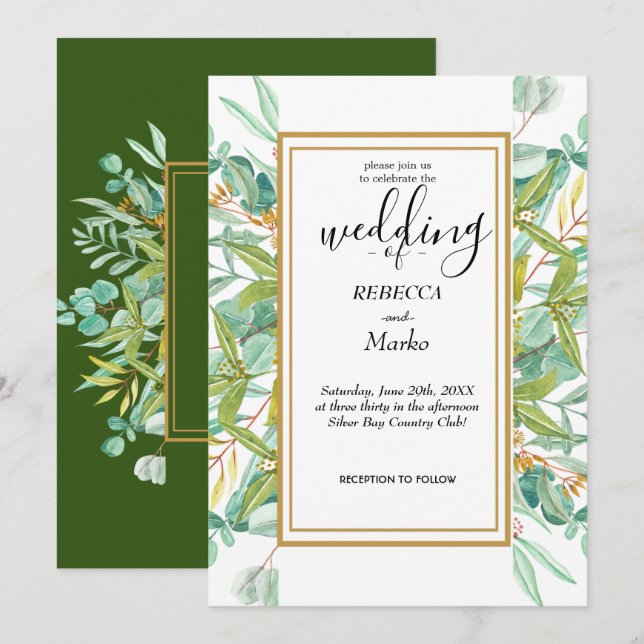 Vackra eleganta eukalyptusblad inbjudningar (Fram/baksida)