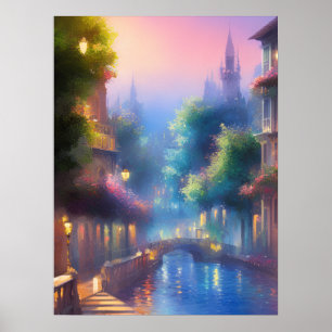 Vackra Evening Street Mote View, Digital Art Poster