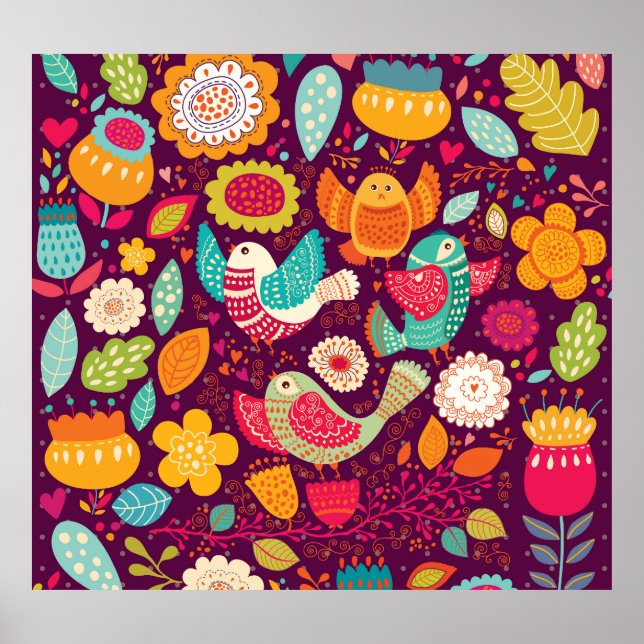 Vackra fåglar, blommor, konstnärligt poster (Framsidan)