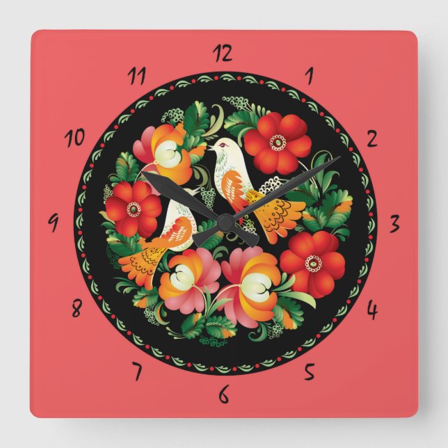 Vackra fåglar och blommor Sketch Wall Clock Fyrkantig Klocka (Framsida)