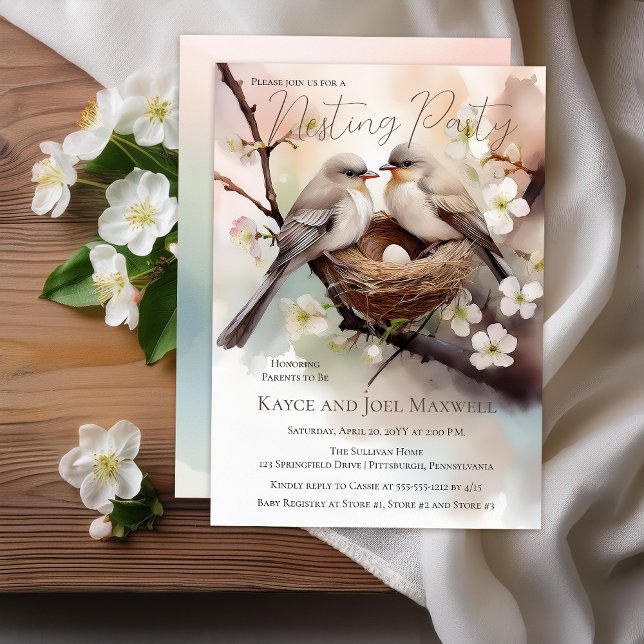 Vackra fåglar som gillar Neutralt Baby Shower för  Inbjudningar (Beautiful Birds In Nest "Nesting Party" Gender Neutral Baby Shower Invitation - Print | Download)