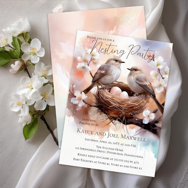 Vackra fåglar som gillar Party Twillingar Baby Sho Inbjudningar (Beautiful Birds In Nest Twins Nesting Party Gender Neutral Baby Shower Invitation - Print | Download)
