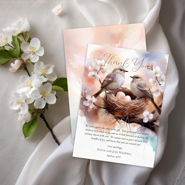 Vackra fåglar som gillar Party Twillingar Baby Sho Tack Kort (Beautiful Birds In Nest Nesting Party Twins Gender Neutral Baby Shower Flat Thank You Card)