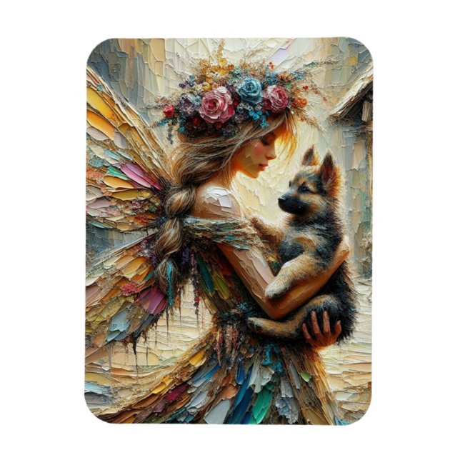 Vackra Fairy and German Shepherd Puppy Magnet (Vertikal)