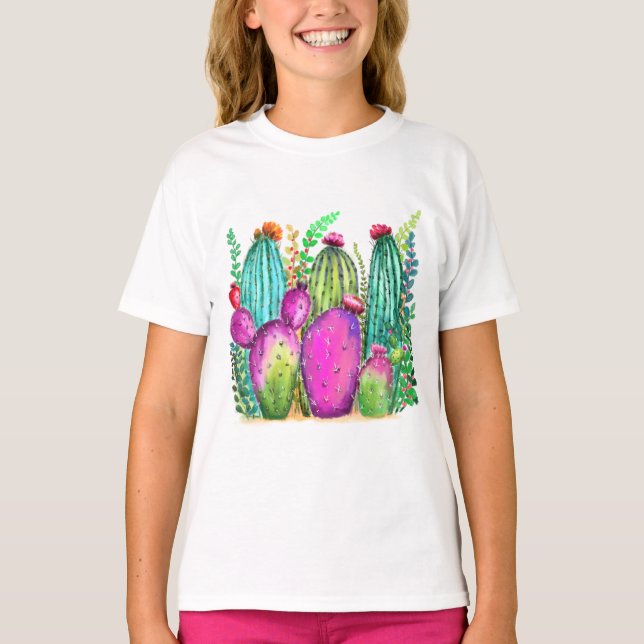 Vackra Färg Cactus Flowers - Teckning färgade  T Shirt (Framsida)