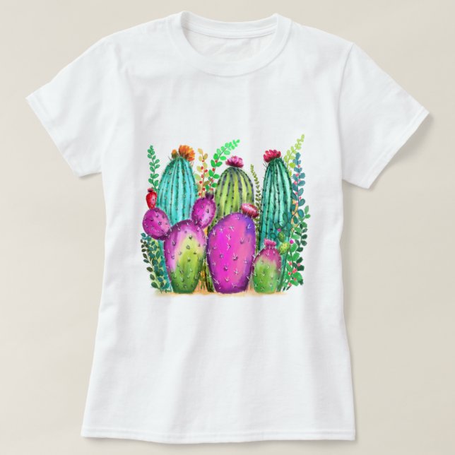 Vackra Färg Cactus Flowers - Teckning T Shirt (Design framsida)