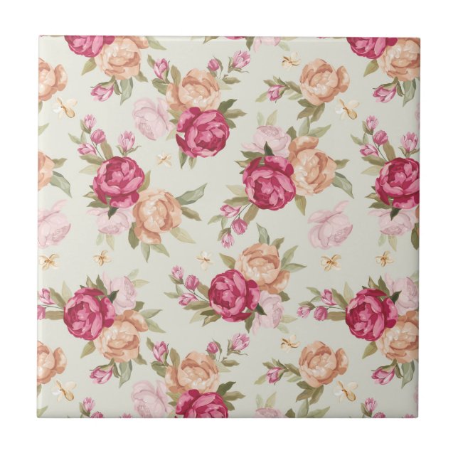 Vackra färg peony mönster på grönt kakelplatta (Framsidan)