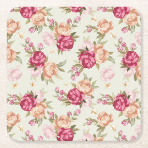 Vackra färg peony mönster på grönt underlägg papper kvadrat