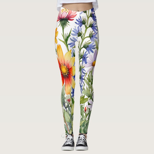 Vackra färgglada vilda blommor akvarellmålning leggings (Framsida)