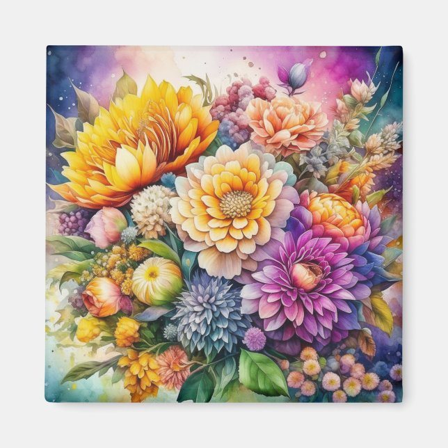 Vackra färgrika akvarell AI-konst blommor  Magnet (Framsidan)