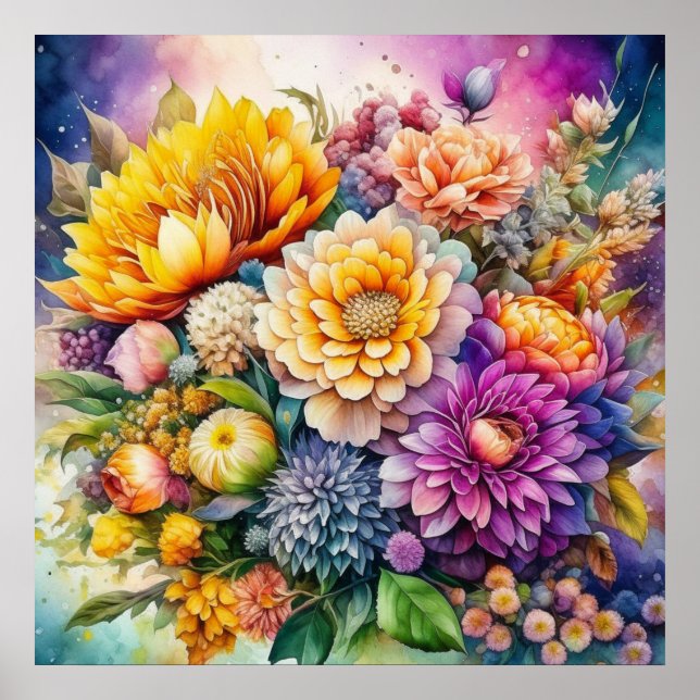 Vackra färgrika akvarellblommor i AI-konst  Poster (Framsidan)