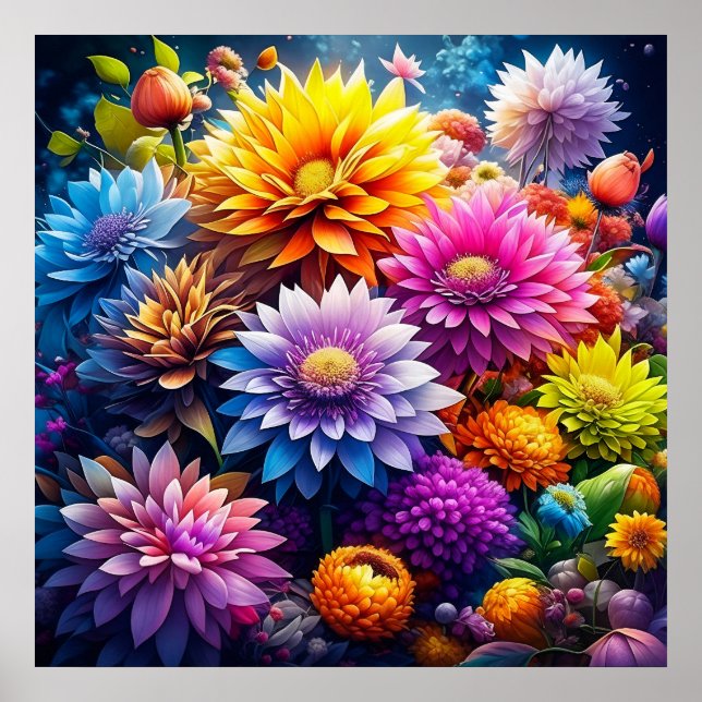 Vackra färgrika akvarellblommor i AI-konst  Poster (Framsidan)