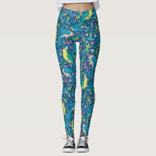 Vackra färgstarka tropiska fåglar och blommor leggings