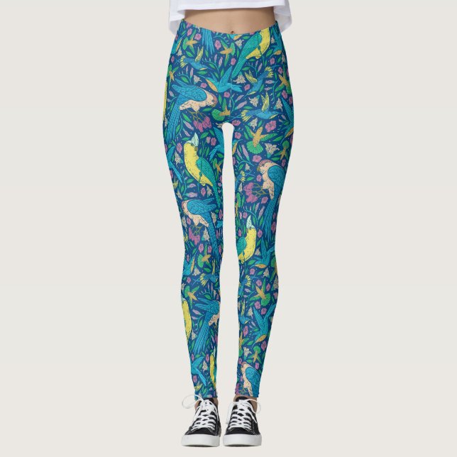 Vackra färgstarka tropiska fåglar och blommor leggings (Framsida)