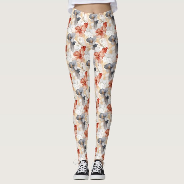 Vackra feminina persikoblått och vit Blommigt Leggings (Framsida)