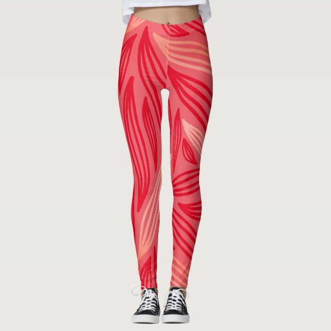 Vackra feta Orangen Red Leafy Mönster Leggings (Framsida)