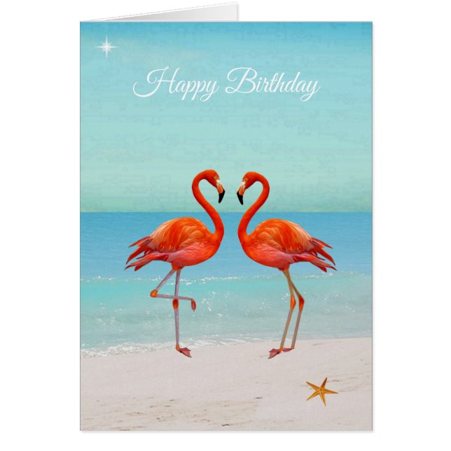Vackra Flamingos på Beach-födelsedagskortet Hälsningskort (Framsidan)