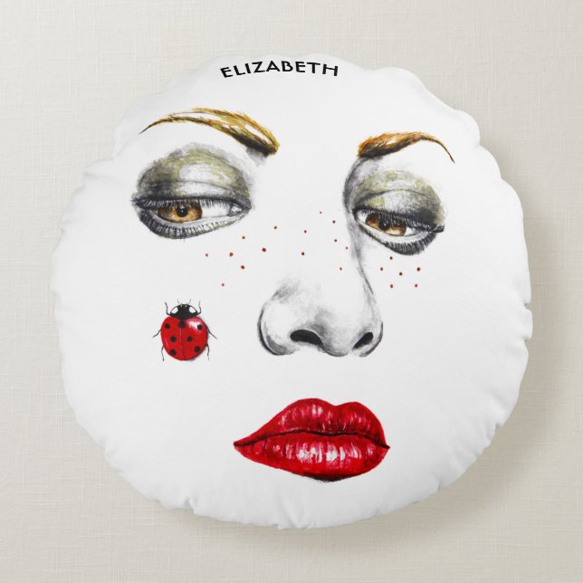 Vackra flicka Ansikte Teckning med ladybug Rund Kudde (Framsidan)