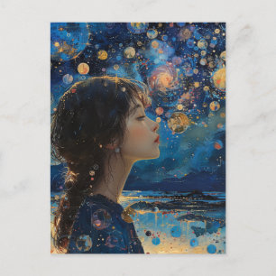 Vackra flicka i natt på Ocean Mixed Media Vykort