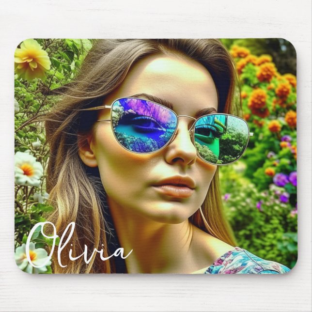 Vackra flickor med solglasögon Reflection Flowers Musmatta (Framsidan)
