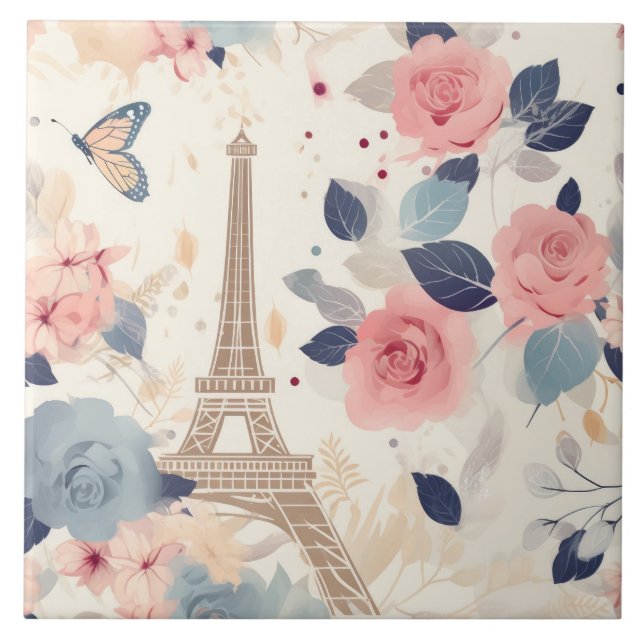 Vackra Flowers och Eiffel Torn Paris Kakelplatta (Framsidan)