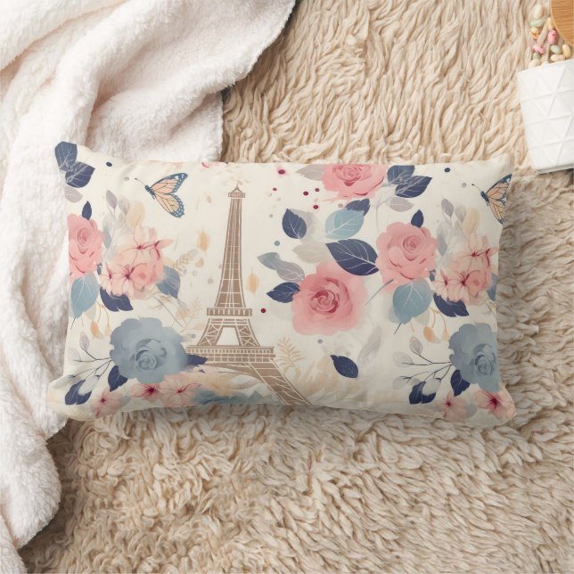 Vackra Flowers och Eiffel Torn Paris Lumbarkudde (Filt)