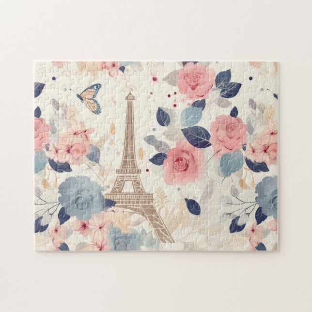 Vackra Flowers och Eiffel Torn Paris Pussel (Horisontell)