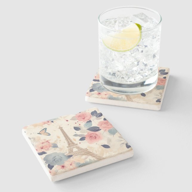 Vackra Flowers och Eiffel Torn Paris Stenunderlägg (Sidan)