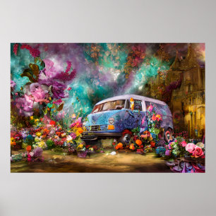 Vackra gamla teal Combi van med färgstark blomma Poster