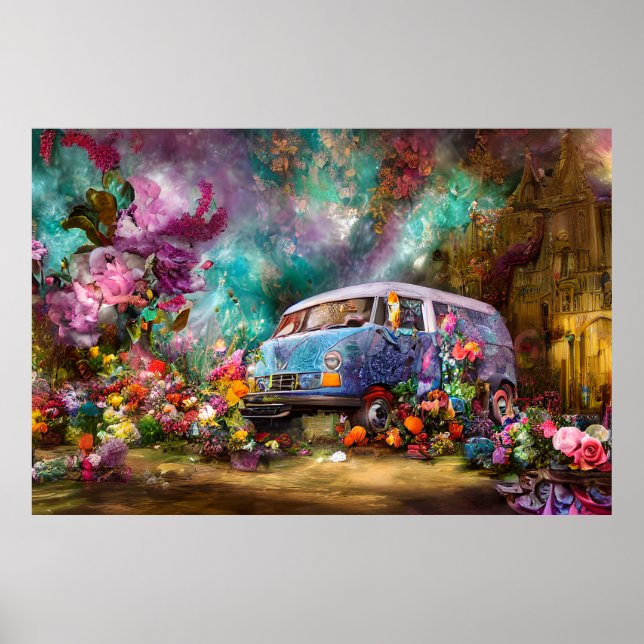 Vackra gamla teal Combi van med färgstark blomma Poster (Framsidan)