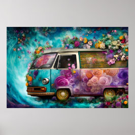 Vackra gamla teal Combi van med färgstark blomma Poster