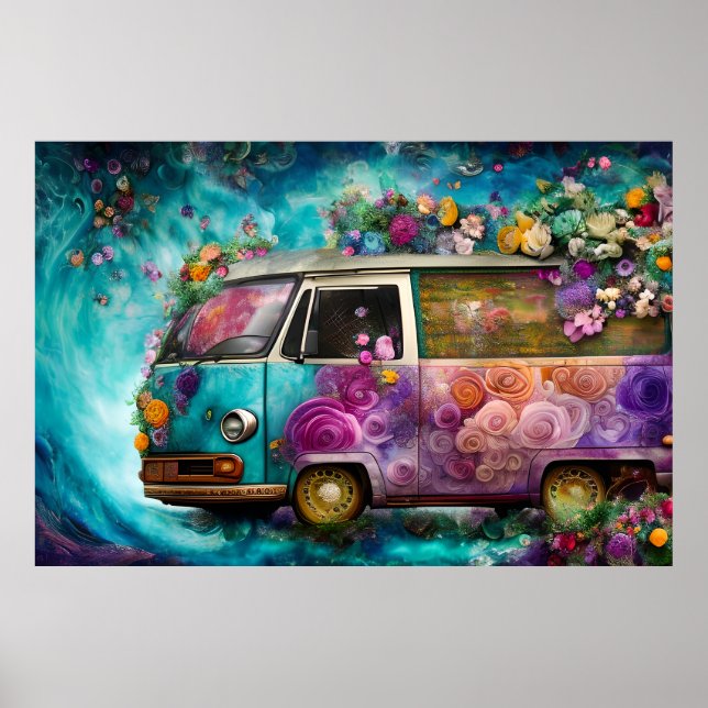 Vackra gamla teal Combi van med färgstark blomma Poster (Framsidan)