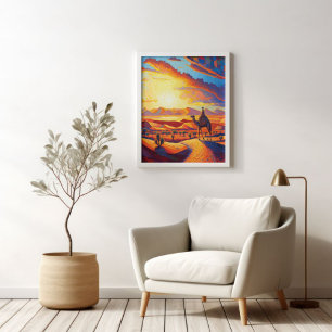Vackra Golden Hour Desert Sunset & Camels Poster