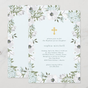 Vackra Grått och vit Blommigt på Blue Baptism Inbjudningar