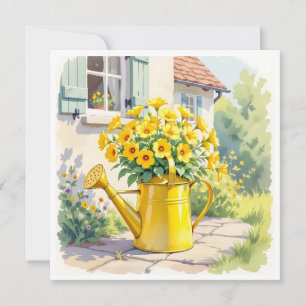 Vackra gula blommor i vattningskanna kort