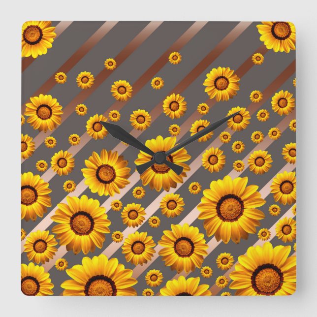 Vackra gula blommor på grått, bruna rand fyrkantig klocka (Framsida)