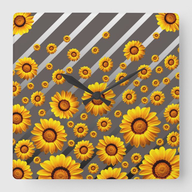 Vackra gula blommor på grått, silver rand  fyrkantig klocka (Framsida)