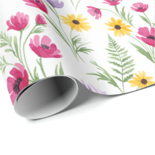 Vackra gula, lila, rosa blommor i vattenfärg presentpapper