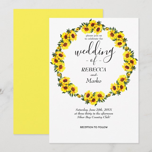 Vackra gula solrosor på en enkel vit invi inbjudningar (Fram/baksida)