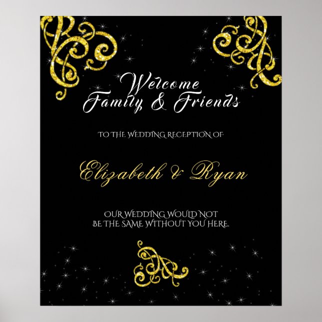Vackra Guld Glitter Swirls Bright Stars Poster (Framsidan)