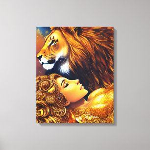 Vackra Guld Lejona och Woman Wrapped Canvas