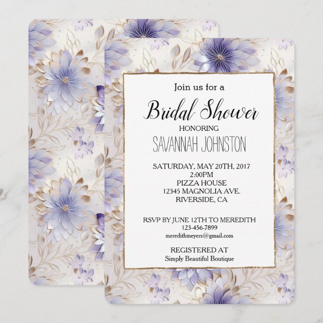 Vackra Guld Pärl Lila Blommor Bröllopsdusch Inbjudningar (Fram/baksida)