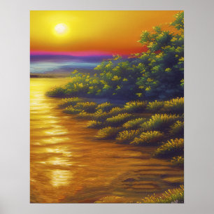 Vackra Guld Sunset Ocean Beach Plants Poster