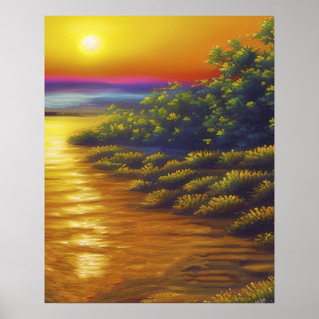 Vackra Guld Sunset Ocean Beach Plants Poster (Framsidan)